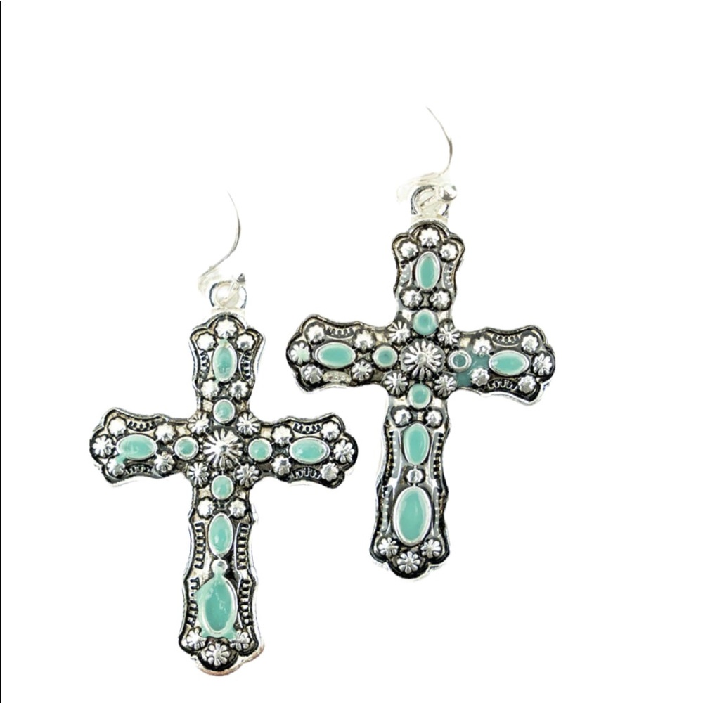 Women’s Antique Silvertone & Turquoise Cross Earrings